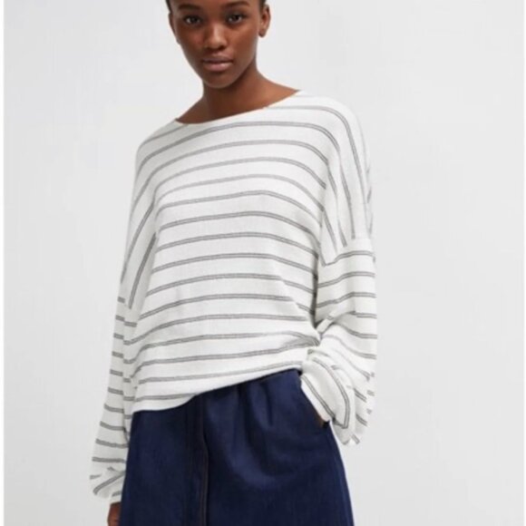 FRENCH CONNECTION | White Striped Textured Balloon Sleeve Top Sz M - Picture 1 of 10